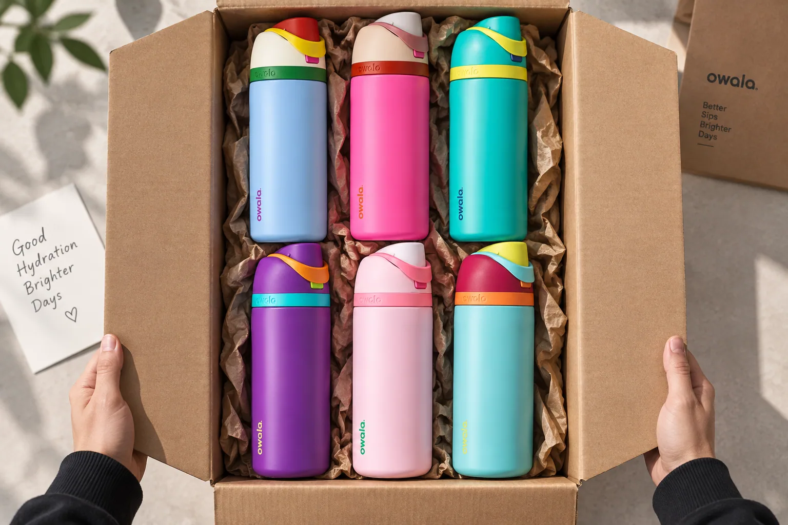 Botellas Owala FreeSip originales de colores en una caja