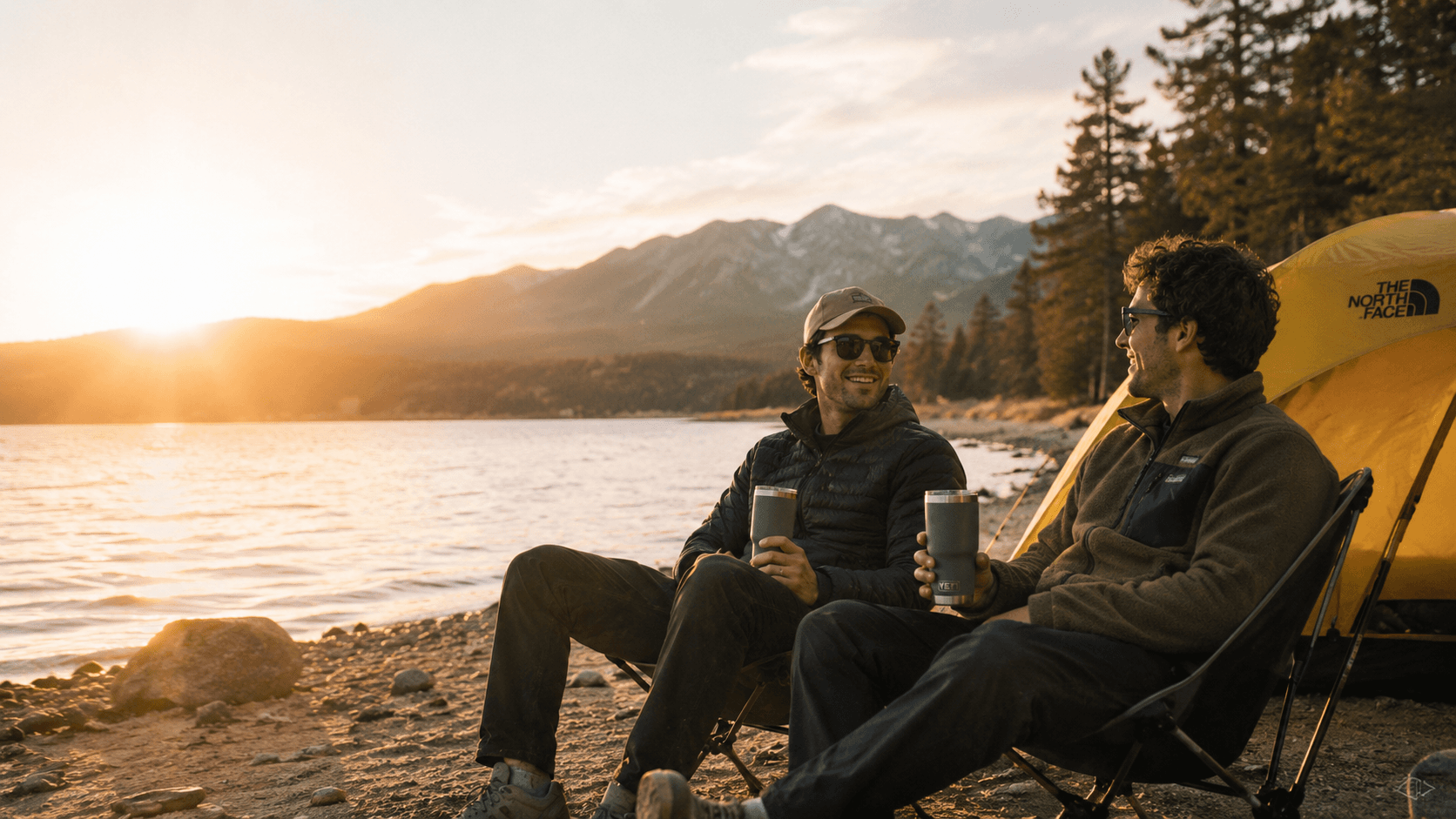 Termos YETI en un campamento al atardecer