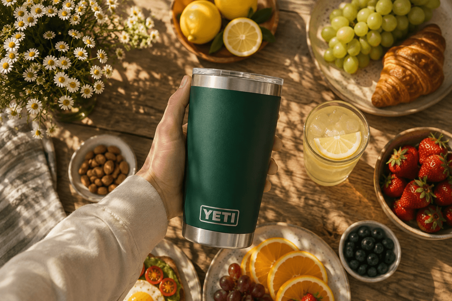Termo YETI sobre una mesa de comida